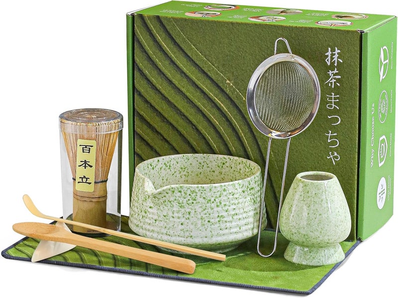 BEWOS 8 Pcs Matcha Whisk Set - 18OZ Ceramic Bowl with Spout, Matcha Sifter, Matcha Whisk Holder & Bamboo Matcha Whisk | Matcha Scoop, Complete Japanese Tea Ceremony Kit for Matcha Lover(Mottled Green) - Image 1